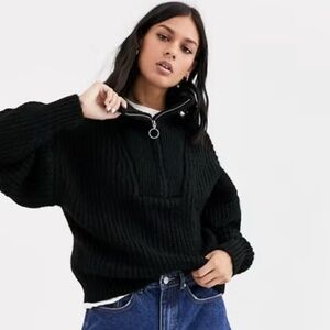 🖤 ASOS Black Ribbed Chunky Half-Zip Mock Neck Knit Sweater • Women’s Size 6